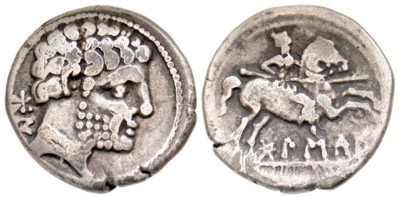 "Iberia, Bolskan. Ca. 150-100 B.C. AR denarius (18 mm, 3.84 g, 1 h). Bare bearde...