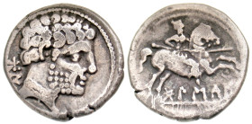 "Iberia, Bolskan. Ca. 150-100 B.C. AR denarius (18 mm, 3.84 g, 1 h). Bare bearded head right; Iberian 'bon' to left / 'Bolskan', warrior, holding spea...