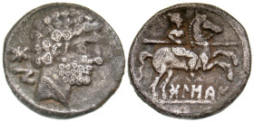 "Iberia, Bolskan. Ca. 150-100 B.C. AR denarius (18.8 mm, 3.81 g, 1 h). Bare bearded head right; Iberian 'bon' to left / 'Bolskan', warrior, holding sp...
