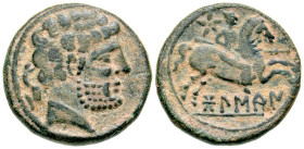 "Iberia, Bolskan. Ca. 150-100 B.C. AE 22 (22.8 mm, 8.17 g, 1 h). Bare male head right; dolphin behind / 'Bolskan', Warrior, holding spear, on horsebac...