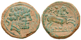 "Iberia, Bolskan. Ca. 150-100 B.C. AE 25 (25 mm, 10.09 g, 3 h). Bearded male head right; dolphin behind / 'Bolskan', Warrior on horseback to right, ho...