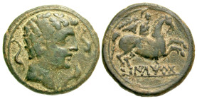 "Iberia, Iltirta. After 104 B.C. AE 28 (28.2 mm, 12.58 g, 4 h). Male head right; three dolphins around / 'Ilterta', Horseman holding palm riding right...