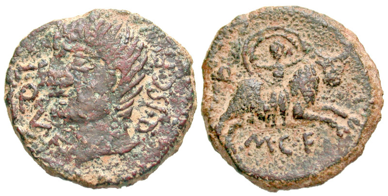 "Iberia, Kastilo. Early 1st century B.C. AE as (28.5 mm, 12.82 g, 3 h). Q · ISC ...