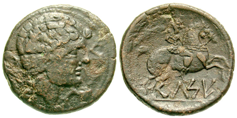 "Iberia, Kelse. Ca. 143-100 B.C. AE 31 (30.5 mm, 16.21 g, 6 h). Bare male head r...