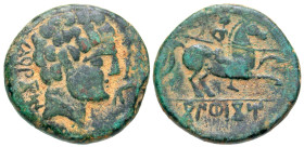 "Iberia, Konterbia (Karbika). Late 2nd century B.C. AE 24 (24.3 mm, 10.26 g, 7 h). Bare male head right; before, dolphin; behind, 'Karbika' / "Kotebak...