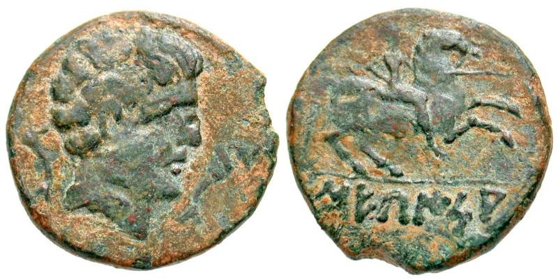 "Iberia, Sekaisa. Ca. 100 B.C. AE 24 (24.5 mm, 9.59 g, 3 h). Bare male head righ...