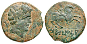 "Iberia, Sekaisa. Ca. 100 B.C. AE 24 (24.5 mm, 9.59 g, 3 h). Bare male head right between two dolphins / 'Sekaisa', Warrior on horseback right, holdin...