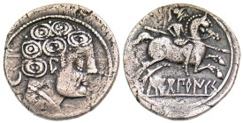 "Iberia, Sekobirikes. Ca. 130-early 1st century B.C. AR denarius (18.1 mm, 2.90 g, 12 h). Male head right; behind, crescent; above small pellet, 'Seko...