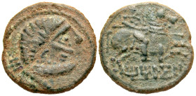 "Iberia, Titiakos. Ca. 150-100 B.C. AE 23 (23 mm, 7.02 g, 12 h). Male head right; behind, 'Ti' / 'Titiakos', Warrior on horseback right, holding spear...