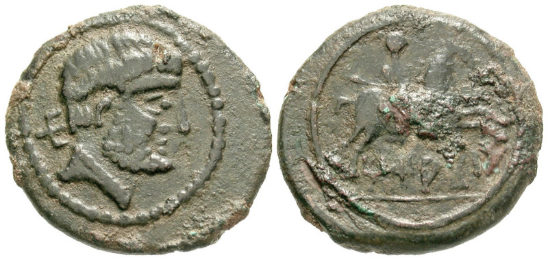 "Iberia, Titiakos. Ca. 150-100 B.C. AE 27 (27.1 mm, 10.74 g, 12 h). Male head ri...