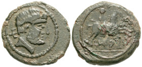 "Iberia, Titiakos. Ca. 150-100 B.C. AE 27 (27.1 mm, 10.74 g, 12 h). Male head right; behind, 'Ti' / 'Titiakos', Warrior on horseback right, holding sp...