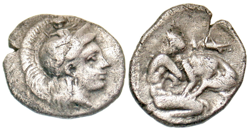 "Calabria, Taras. Ca. 325-280 B.C. AR diobol (12.2 mm, 1.10 g, 2 h). Helmeted he...