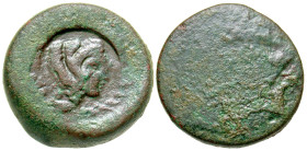 "Sicily, Akragas. Ca. 405-392 B.C. AE tetras (27.2 mm, 21.18 g). C/m: head of Herakles right, wearing lion's skin headdress, within circular incuse. C...