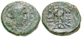 "Macedon, Pella. Ca. 187-31 B.C. AE 16 (15.5 mm, 3.86 g, 5 h). Laureate head of Apollo right / ΠEΛ ΛHΣ, tripod. SNG Copenhagen 264; SNG ANS 590 ff. Fi...