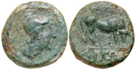"Macedon, Pella. After 168 B.C. AE 16 (16.4 mm, 3.05 g, 12 h). Contemporary imitation. Crude head of "Athena" right wearing creasted Corinthian-style ...