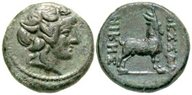 "Macedon, Thessalonica. Ca. 187-131 B.C. AE dichalkon (17.9 mm, 5.64 g, 1 h). Head of Dionysos right, wearing ivy wreath / ΘΕΣΣΑΛΟΝΙΚHΣ, goat standing...