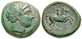 "Macedonian Kingdom. Philip II. 359-336 B.C. AE unit (17.6 mm, 6.28 g, 10 h). Uncertain Macedonian mint. Head of Apollo right, wearing taenia / ΦIΛIΠΠ...