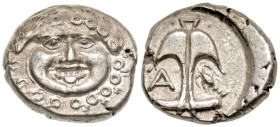 "Thrace, Apollonia Pontika. Late 4th Century B.C. AR drachm (13.9 mm, 2.87 g, 12 h). Facing gorgoneion with protruding tongue; spiral ornament below /...