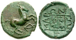 "Thrace, Maroneia. Ca. 398-348 B.C. AE 16 (16.4 mm, 3.44 g, 12 h). Horse prancing right, monogram below / MAPONITΩN, four bunches of grapes in linear ...