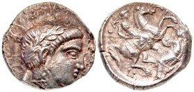 "Paeonian Kingdom. Patraos. 335-315 B.C. AR tetradrachm (23 mm, 12.82 g, 6 h). Laureate head of Apollo right / Warrior on rearing horse right, spearin...
