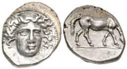 "Thessaly, Larissa. Ca. 400-370 .. AR drachm (17 mm, 6.03 g, 1 h). Head of the nymph Larissa facing slightly right / ΛΑ[ΡΙ], horse grazing right. L-S ...