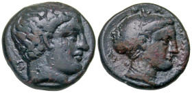 "Thessaly, Phalanna. First half of the 4th century B.C. AE dichalkon (18.1 mm, 5.53 g, 9 h). Youthful male head right (Ares?) / ΦAΛANNIAΩN, head of ny...