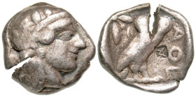 "Attica, Athens. 454-404 B.C. AR tetradrachm (24.8 mm, 17.01 g, 3 h). Helmeted head of Athena right wearing Attic helmet / AΘE, owl standing right wit...