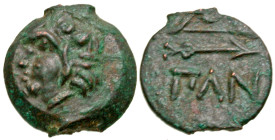 "Cimmerian Bosporos, Pantikapaion. Civic issue. Fourth/third century B.C. AE 19 (14.1 mm, 1.76 g, 1 h). beardless head of young Pan left, wreathed in ...