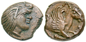 "Cimmerian Bosporos, Pantikapaion. Circa 310-303 B.C. AE 14 (14.4 mm, 2.98 g, 12 h). Head of beardless satyr right / ΠAN, forepart of Pegasos right. M...