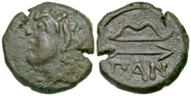 "Cimmerian Bosporos, Pantakapaion. Civic issue. 304-250 B.C. AE 21 (21.3 mm, 6.98 g, 12 h). Head of young Pan left, wreathed in ivy / ΠAN, bow above a...