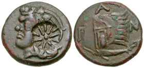 "Cimmerian Bosporos, Pantikapaion. Circa 304-250 B.C. AE 20 (20.4 mm, 6.28 g, 11 h). Wreathed head of beardless satyr left; pseudo-countermark (in die...