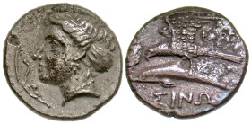 "Paphlagonia, Sinope. Ca. 350/30-300 B.C. AR drachm (20 mm, 5.61 g, 6 h). Phageta..., magistrate. Head of nymph left, hair in sakkos; aphlaston to lef...