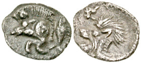 "Mysia, Kyzikos. Ca. 450-400 B.C. AR hemiobol (8 mm, 0.33 g, 6 h). Forepart of boar left, retrograde K on shoulder; to right, tunny upward / Head of l...