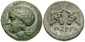 "Mysia, Pergamon. Ca. 310-282 B.C. AE. Helmeted and laureate head of Athena left / ΠEΡΓA, confronted heads of two bulls. SNG France 1577-85. Good VF, ...