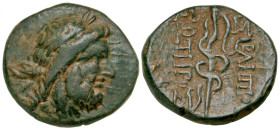 "Mysia, Pergamon. Ca. 200-113 B.C. AE 15 (15.2 mm, 3.48 g, 12 h). Laureate head of Asklepios (or Zeus) right / ΑΣΚΛΗΠΙΟΥ / ΣΩΤΗΡΟΣ, serpent-entwined s...