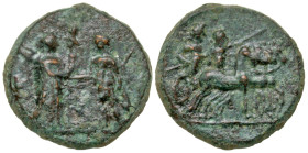 "Aiolis, Kyme. Ca 2nd century B.C. AE 17 (16.69 mm, 3.64 g, 1 h). K - [V] in fields to left and right of Artemis standing right, holding long torch, c...