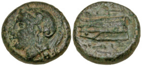 "Ionia, Lebedos. Ca. 375-350 B.C. AE 9 (8.7 mm, 1.19 g, 12 h). Helmeted head of Athena left / Prow of galley left. BMC 6-7 (head facing three-quarters...