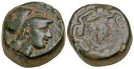 "Ionia, Priene. Ca. 350-340 B.C. AE 7 (6.5 mm, 0.92 g, 9 h). Helmeted head of Athena right / Grain ear within maeander border. Regling 46. Near VF. "