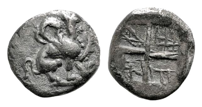 "Ionia, Teos. Ca. 450-425 B.C. AR hemiobol (7.4 mm, 0.40 g). Griffin seated righ...