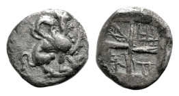 "Ionia, Teos. Ca. 450-425 B.C. AR hemiobol (7.4 mm, 0.40 g). Griffin seated right, raising forepaw / Quadripartite incuse square with granulated quart...