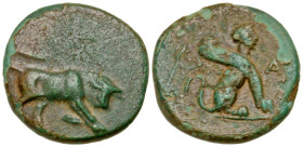 "Caria, Kaunos. Ca. 350-300 B.C. AE 11 (11.2 mm, 1.37 g, 12 h). Bull butting right / K-A, Sphinx seated right. Konuk pl. 50, B; SNG Copenhagen 182. Ne...