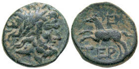 "Pisidia, Termessos. 1st century B.C AE 18 (17.6 mm, 4.72 g, 12 h). Dated CY 5 (67/6 B.C.) Laureate head of Zeus right / TEP, horse galloping left, E ...