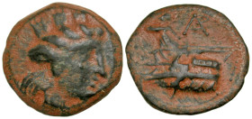 "Phoenicia, Arados. 242-166 B.C. AE 17 (16.6 mm, 2.94 g, 11 h). Turreted head of Tyche right / Athena standing left on prow of galley left; AP in mono...