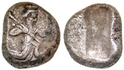 "Achaemenid Kingdom. Xerxes I to Artaxerxes II. Ca. 475-450 B.C. AR siglos (16.1 mm, 5.45 g). Persian king or hero in kneeling-running stance right, h...