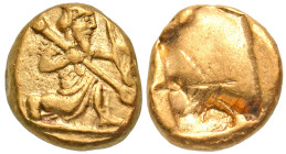 "Achaemenid Kingdom. Darios II to Artaxerxes II. Ca. 420-375 B.C. Gold Daric (16.4 mm, 8.24 g). Persian king right, in kneeling-running stance, spear ...