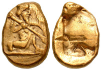"Achaemenid Kingdom. Darios II to Artaxerxes II. Ca. 420-375 B.C. Gold Daric (19.7 mm, 8.30 g). Persian king right, in kneeling-running stance, spear ...