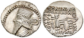 "Parthian Kingdom. Pakoros I. Ca. A.D. 78-120. AR drachm (20.7 mm, 3.72 g, 12 h). Ekbatana mint. Diademed bust of Pakoros I left, wearing long pointed...