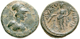 "Lydia, Thyatira. Time of Elagabalus-Severus Alexander. A.D. 218-235. AE 20 (20 mm, 5.28 g, 6 h). Helmeted and cuirassed bust of Athena right, wearing...