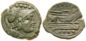 "Anonymous. Ca. 211-208 B.C. AE triens (22.3 mm, 6.72 g, 10 h). Uncertain mint. Helmeted head of Minerva to right; four pellets (denomination) above /...