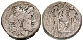 "Anonymous [Cornucopiae]. 211-206 B.C. AR denarius (15.7 mm, 2.50 g, 7 h). Rome mint. Laureate head of Zeus right / ROMA, Victory standing right crown...